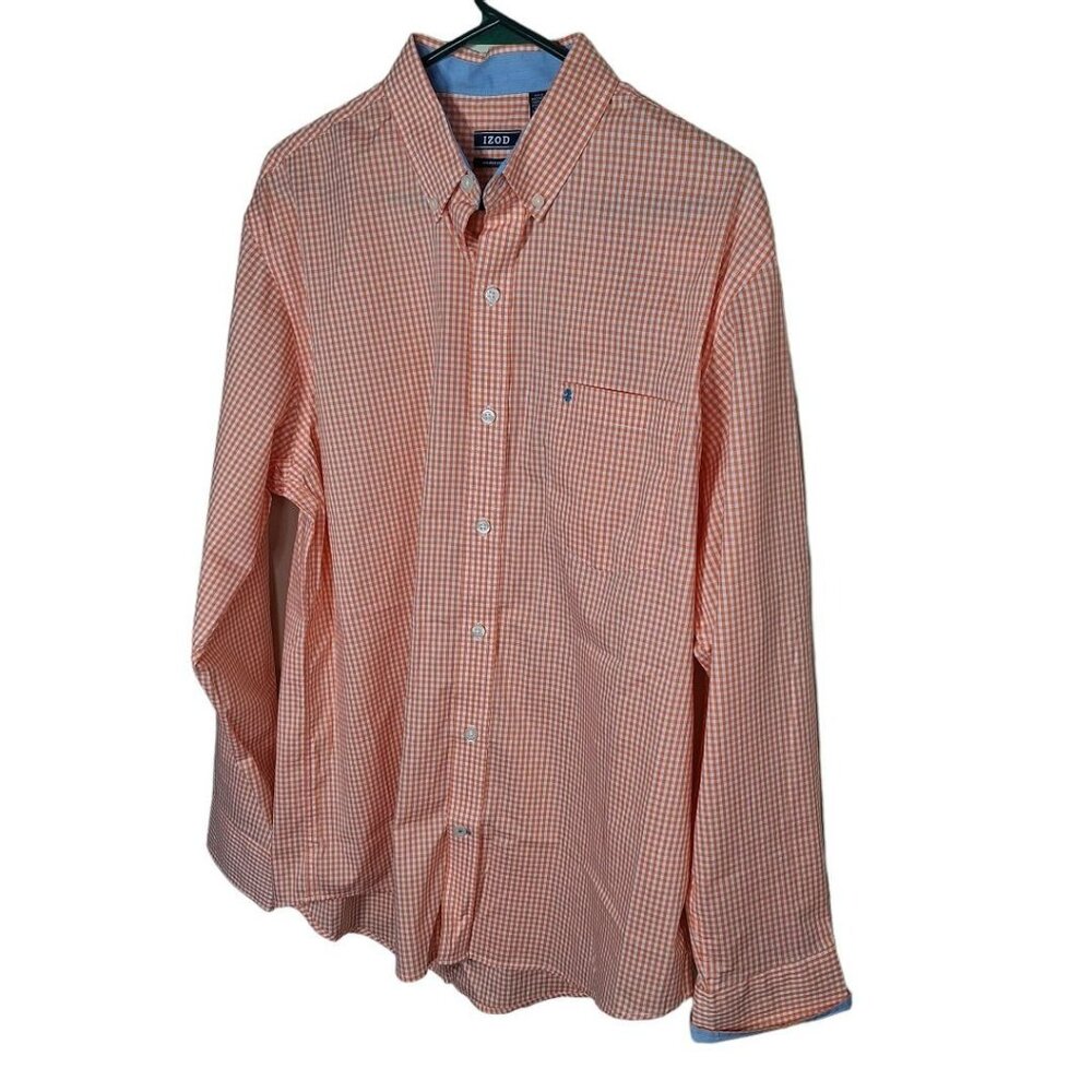 Izod Mens Collared Shirt Button Down Up Peach Orange Check Medium Blue Cuff‎